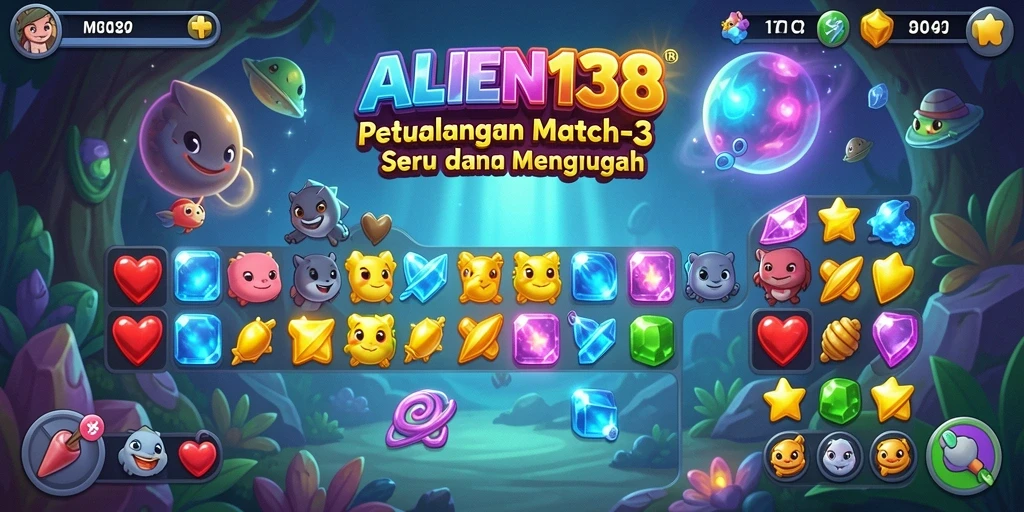 Screenshot gameplay ALIEN138 menampilkan aksi seru mencocokkan permata.