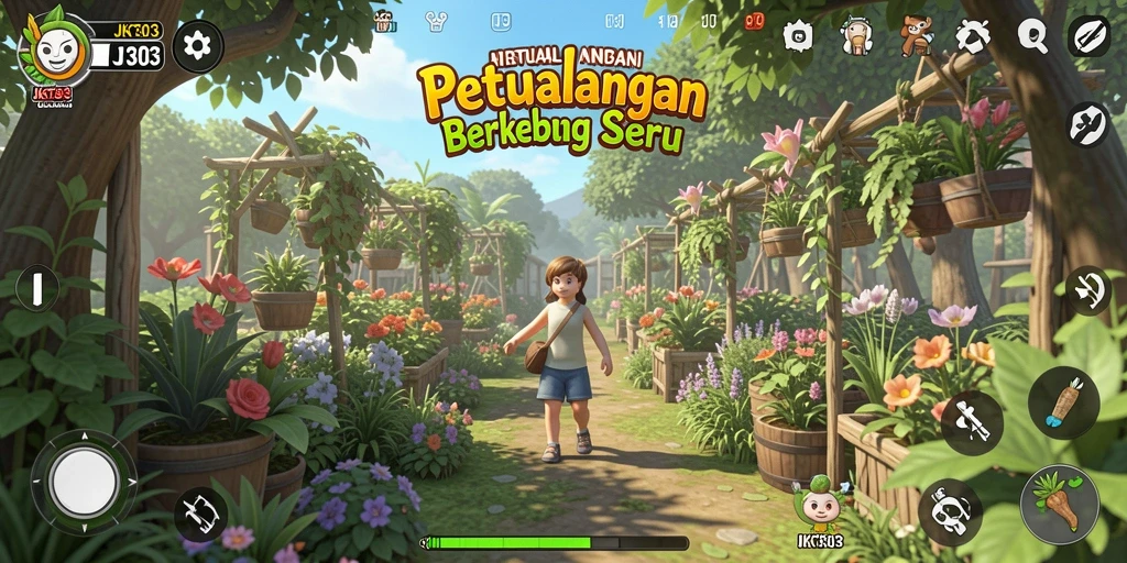 Tampilan gameplay JKT303 dengan kebun yang indah dan interaksi hewan.