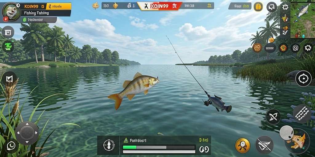 Tampilan gameplay KOIN99 dengan berbagai ikan menunggu untuk ditangkap.