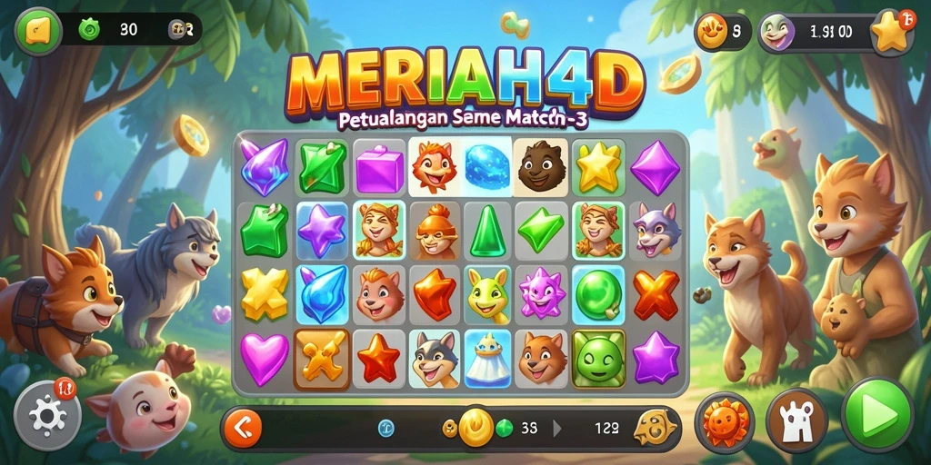 Tampilan gameplay seru MERIAH4D dengan elemen match-3 yang berwarna-warni.