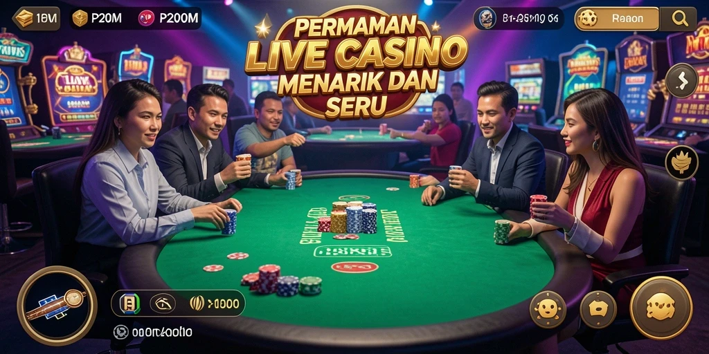 Screenshot gameplay P200M dengan dealer langsung dan suasana kasino yang hidup.